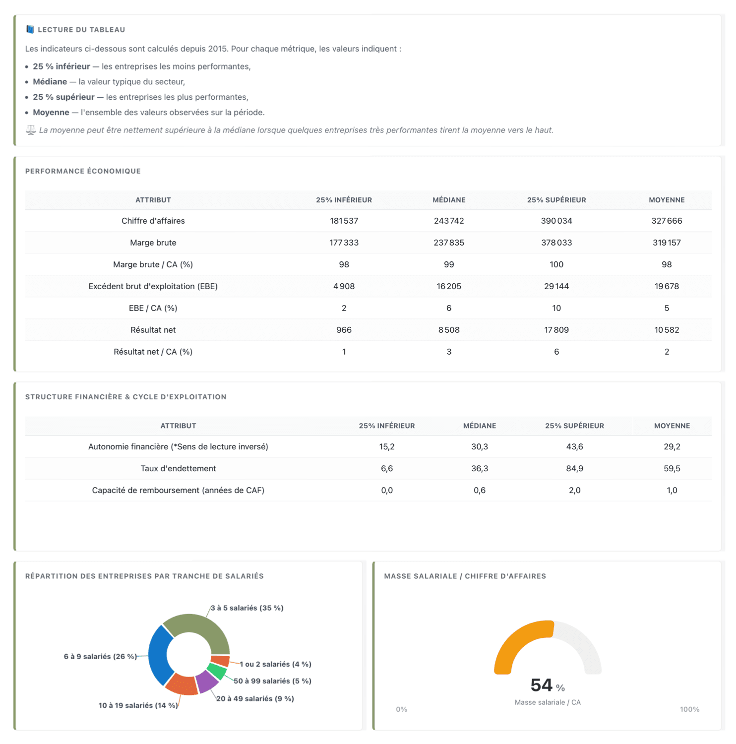 Rapport Costats avec tableaux de performance économique, ratios sectoriels et répartition par tranche de salariés